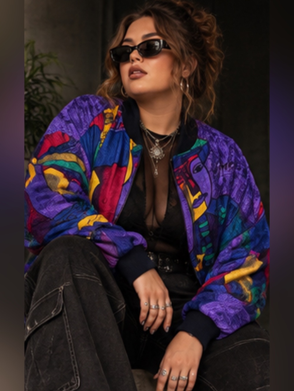 Vintage 1980’s Purple Funky Picasso Multi-Color Women's Bomber Jacket 💅🏻💜